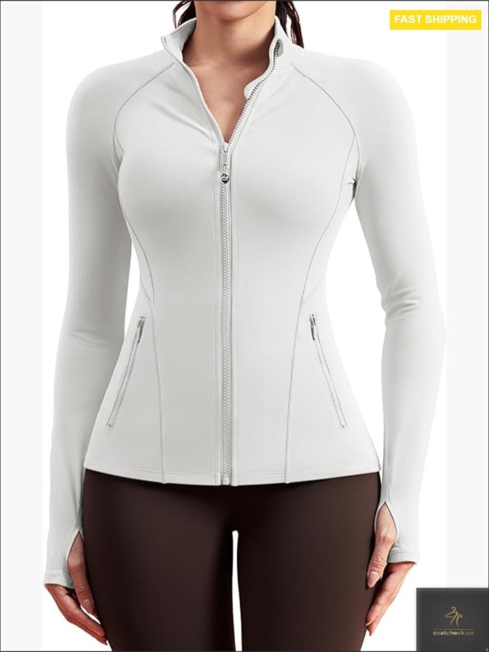 Zip Up Long Sleeve Slim Fit Athletic Gym Running Jacket with Thumb Holes